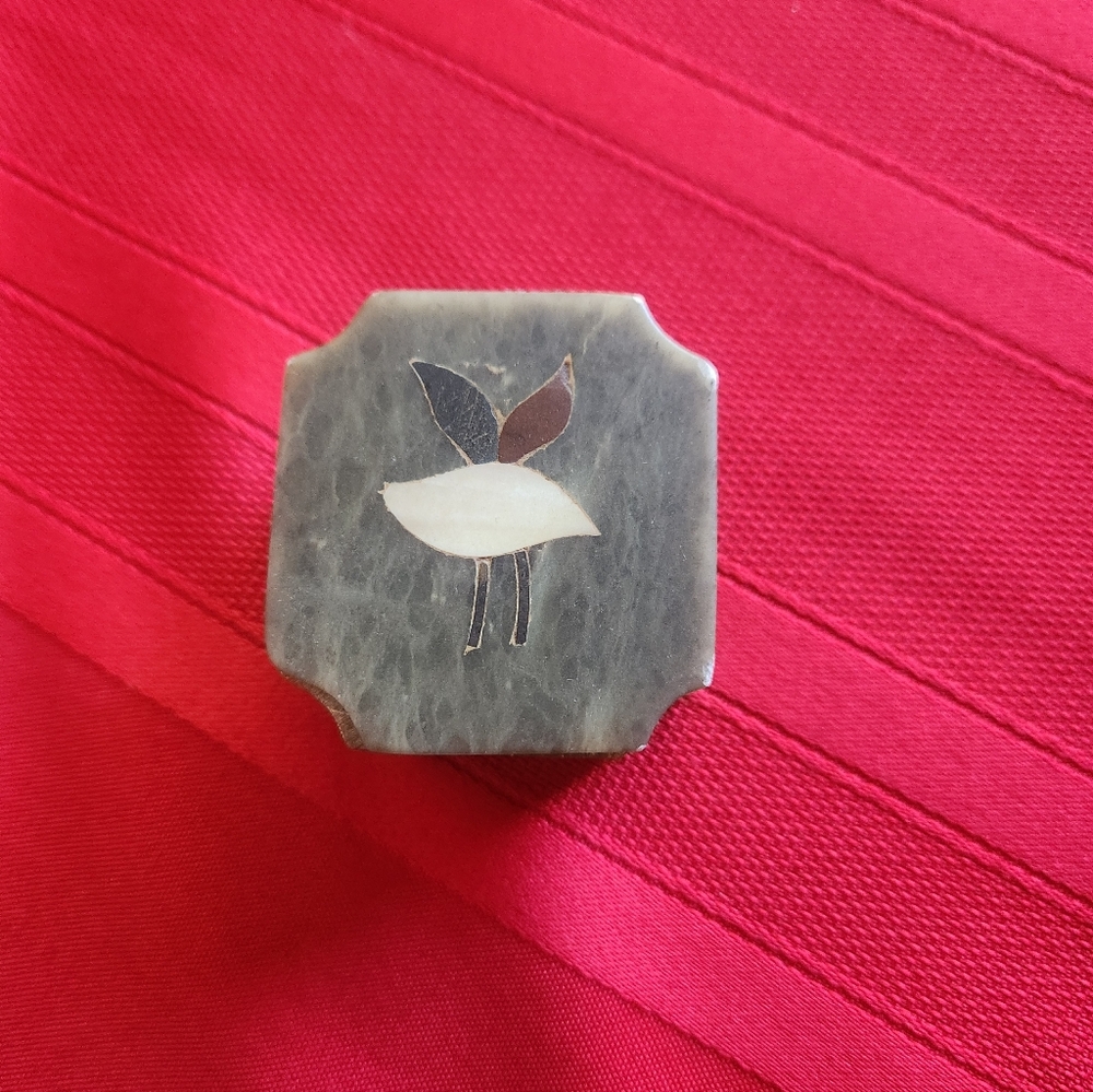 Handmade Stone Trinket Box with Inlaid Leaf Motif